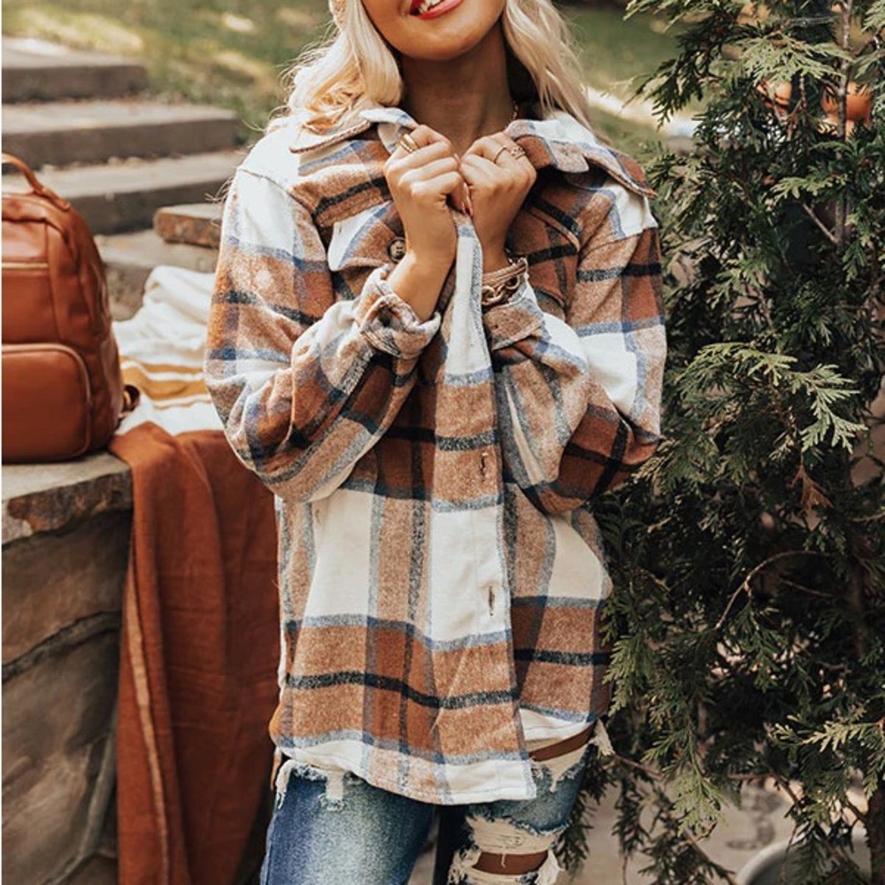 women plaids shacket tan button front tops